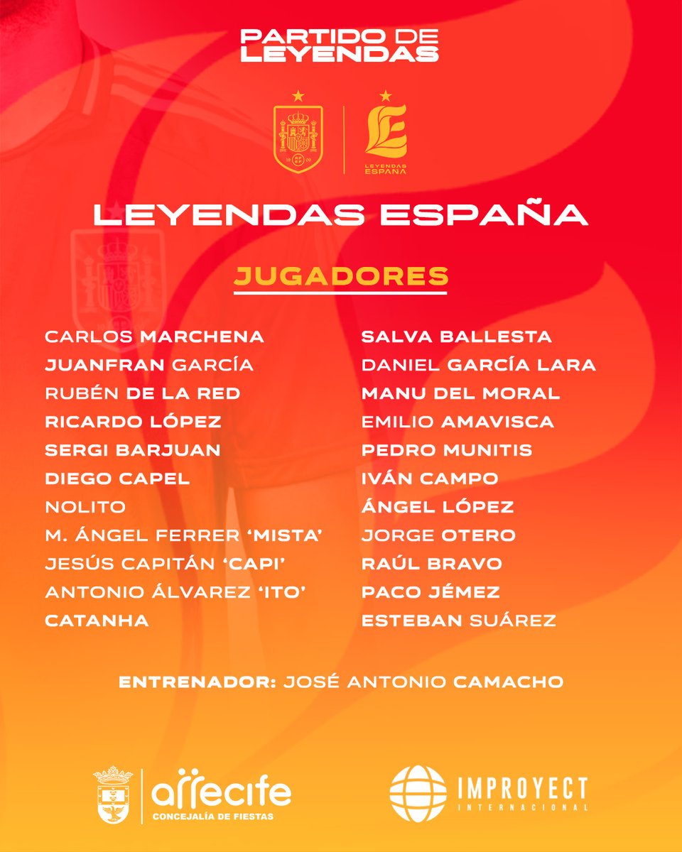 🇪🇸 🇮🇨  ¡Ya tenemos LISTA DE CONVOCADOS 🔝 de #LeyendasEspaña para nuestro PARTIDO en Canarias! 😉🤩

🆚Selección Canaria de Leyendas
🏟️Estadio Municipal Agapito Reyes (Arrecife)
🗓️ Viernes 9 agosto | 20 horas 

#SomosEspaña🇪🇸