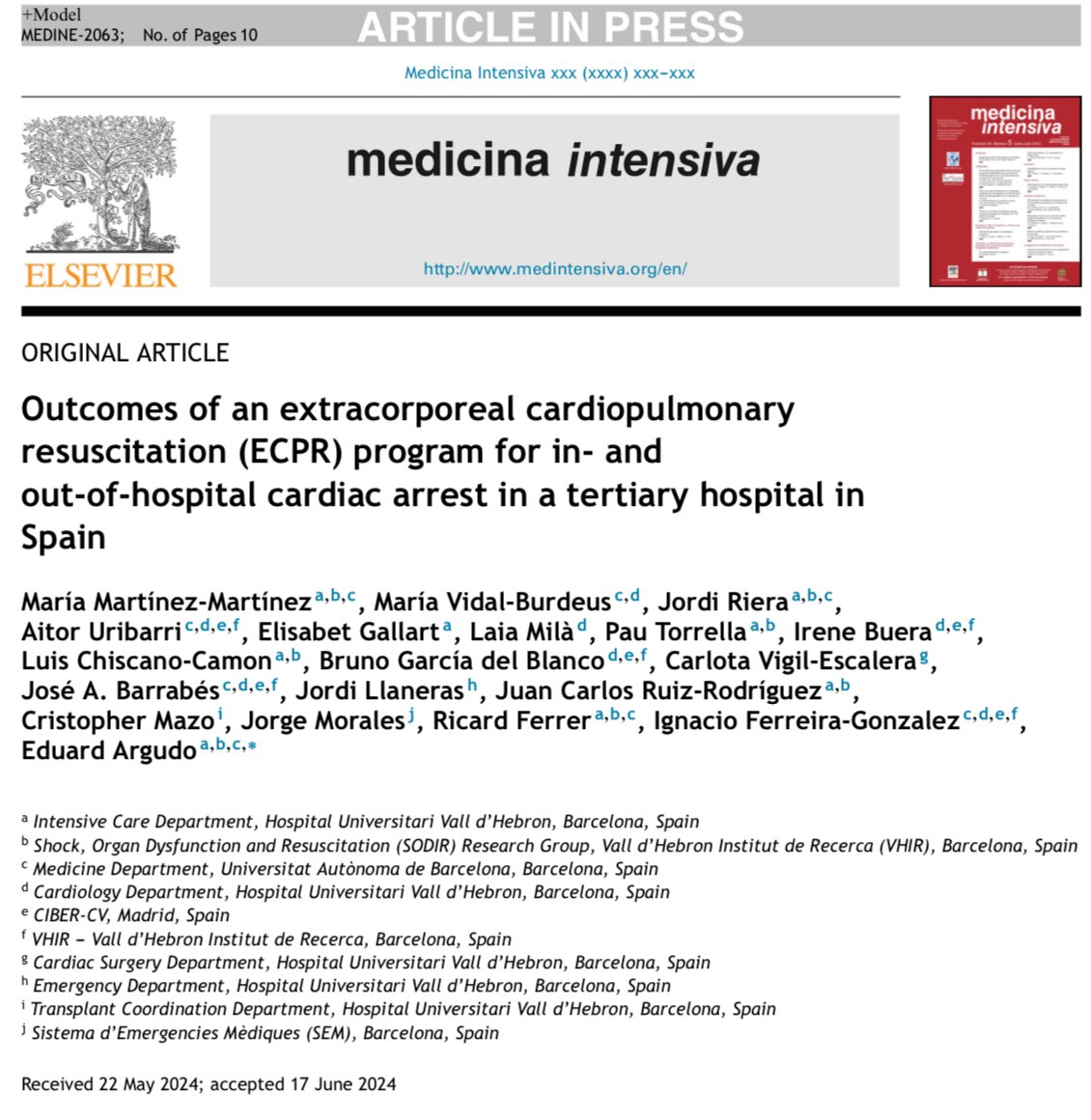 EduardArgudo's tweet photo. Resultados de la implementación del 1° programa multidisciplinar de ECPR para PCR intra y extrahospitalaria que funciona 24/7 en nuestro país!
▶️Ofreciendo opciones a la PCR refractaria #ECMO

Orgulloso de este grandísimo equipo @ECMOHUVH @vallhebron 

⤵️
https://t.co/40v73Ko46U https://t.co/V1AgIINDQP