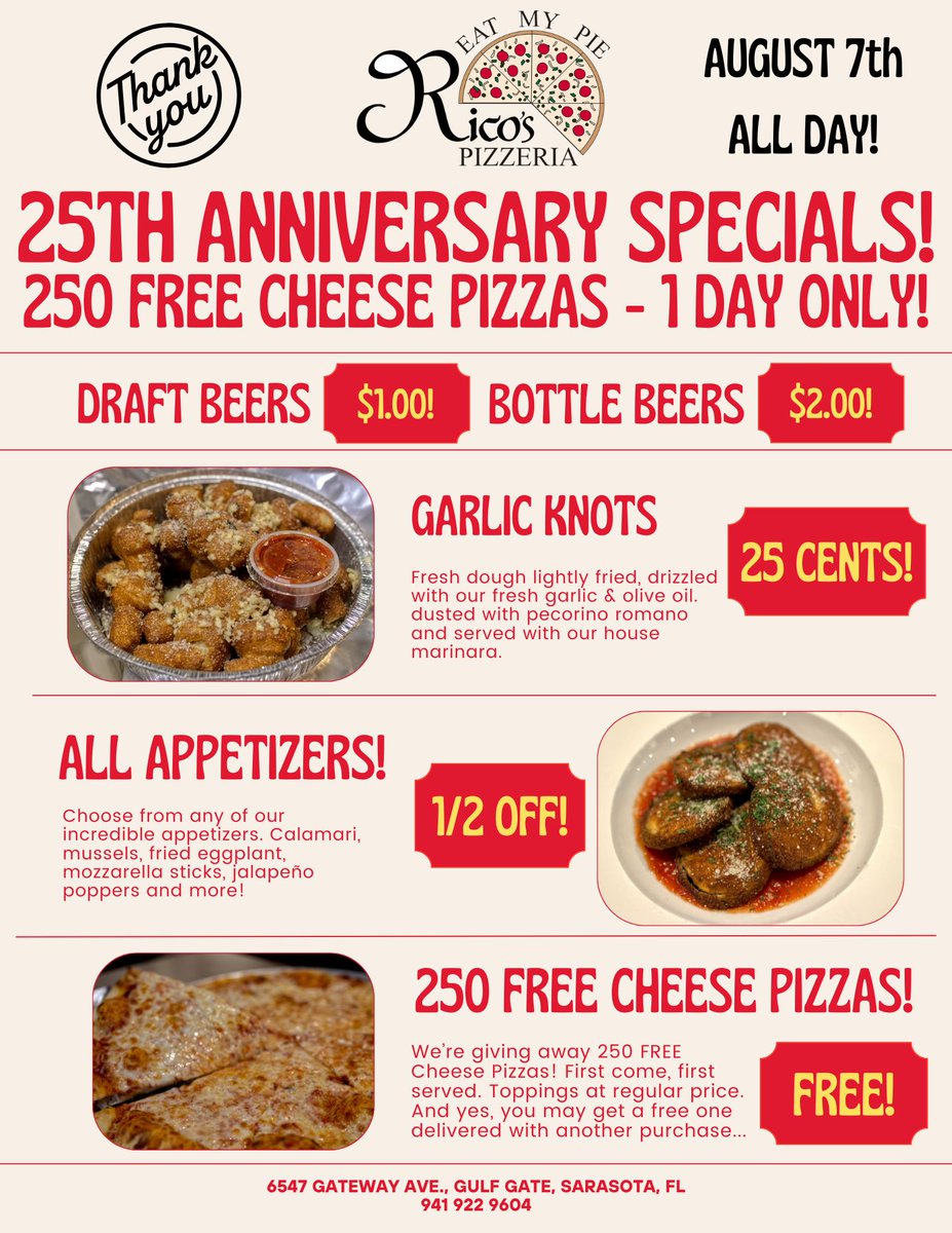 Making Pizza Great Again 25 years 💪! Stop by 8/7/2024. 250 FREE cheese pizzas. <a href="/GulfGateVillage/">Gulf Gate Village</a> #Sarasota <a href="/VivaSarasota/">Viva Sarasota</a>