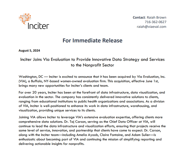 Big News! We're thrilled to announce that Inciter has joined forces with Via Evaluation, Inc (VIA), a women-owned firm in Buffalo, NY. Learn more about our new partnership: ow.ly/th2n50SRkZH

#Evaluation #NonprofitSupport