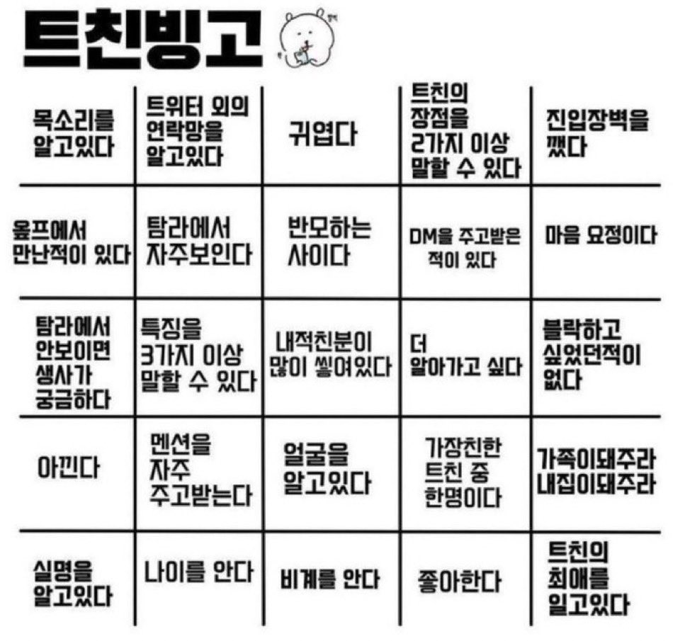 Rkm_0w0's tweet photo. #마음한_트친_빙고
이거나 해볼까요
대신 제가먼저 해드릴테니까 님들도 해주셔야됨
안해주시면 저 울거에요 https://t.co/0uRKUWE9QY