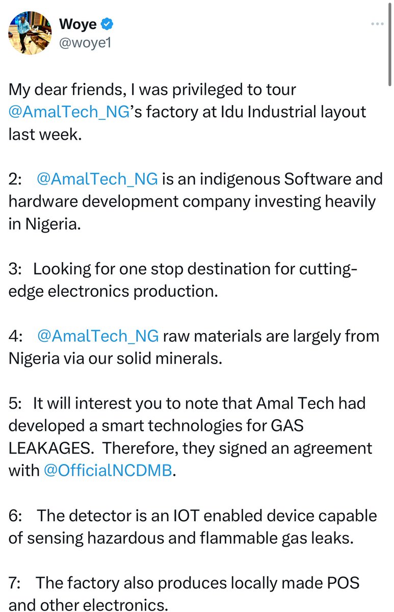 woye1's tweet photo. 8th Nov, 2023, I tweeted that the Honourable Minister of the @federal_power @BayoAdelabu should visit @AmalTech_NG as per implementation of local content in ELECTRICITY METER PRODUCTION. 

2:  The Honourable Minister of @federal_power visited @AmalTech_NG today. He inspected the factory to see for himself the operations. 

3:  I was in the company of the CEO @atijjany to welcome the Hon. Minister. 

4:  @BayoAdelabu made a commitment to patronize local firms such as Amal tech to increase employment, strengthening NAIRA and expanding their operations to our neighboring countries. 

5:   @AmalTech_NG will crash METER PRICES. 

6:   I asked him “wetin be the magic for electricity improvement”. He answered “ nothing to do with rainy season as 80% of our electricity sources are from gas (thermal) hydro is 20%. It means favourable gas pricing across all the value chains of electricity generation, transmission and distribution. 

9:  @AmalTech_NG is ready to contribute their quota to CRASH electricity meter prices. 

10:  Frame 4:  Govt listens. @Better_Kaduna @kayodebakre8 @TaxDoctorNG