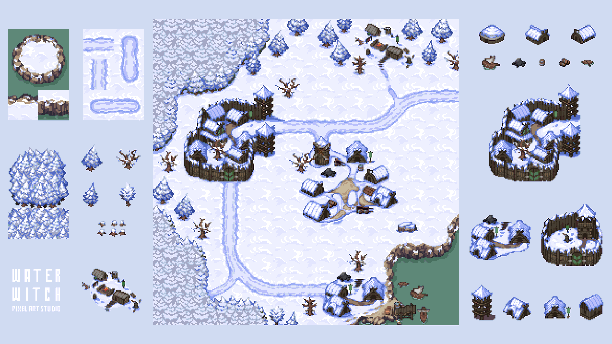 Winter biome we've created for <a href="/DreamonStudios/">Dreamon Studios</a>' Blades of Deceron ❄️

Art by our <a href="/Noren1417/">Noren</a> 🩵

#indiegames #pixelart #ドット絵