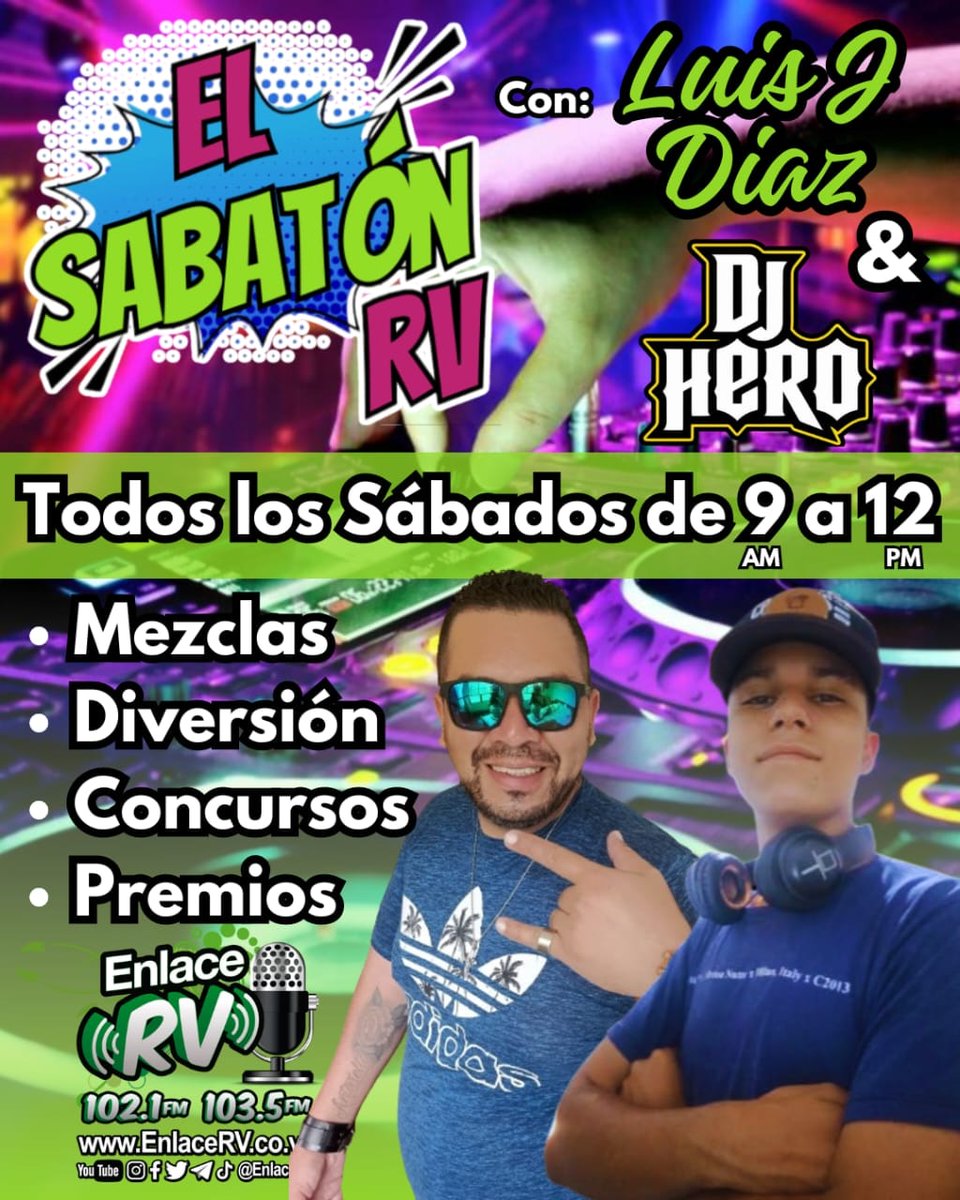 EnlaceRV's tweet photo. LOS SÁBADOS SERÁN MÁS ANIMADOS Y PREMIADOS
#RV1021FM @enlacerv 
https://t.co/uj3WLY0bPu https://t.co/w2IU9ZFUIN