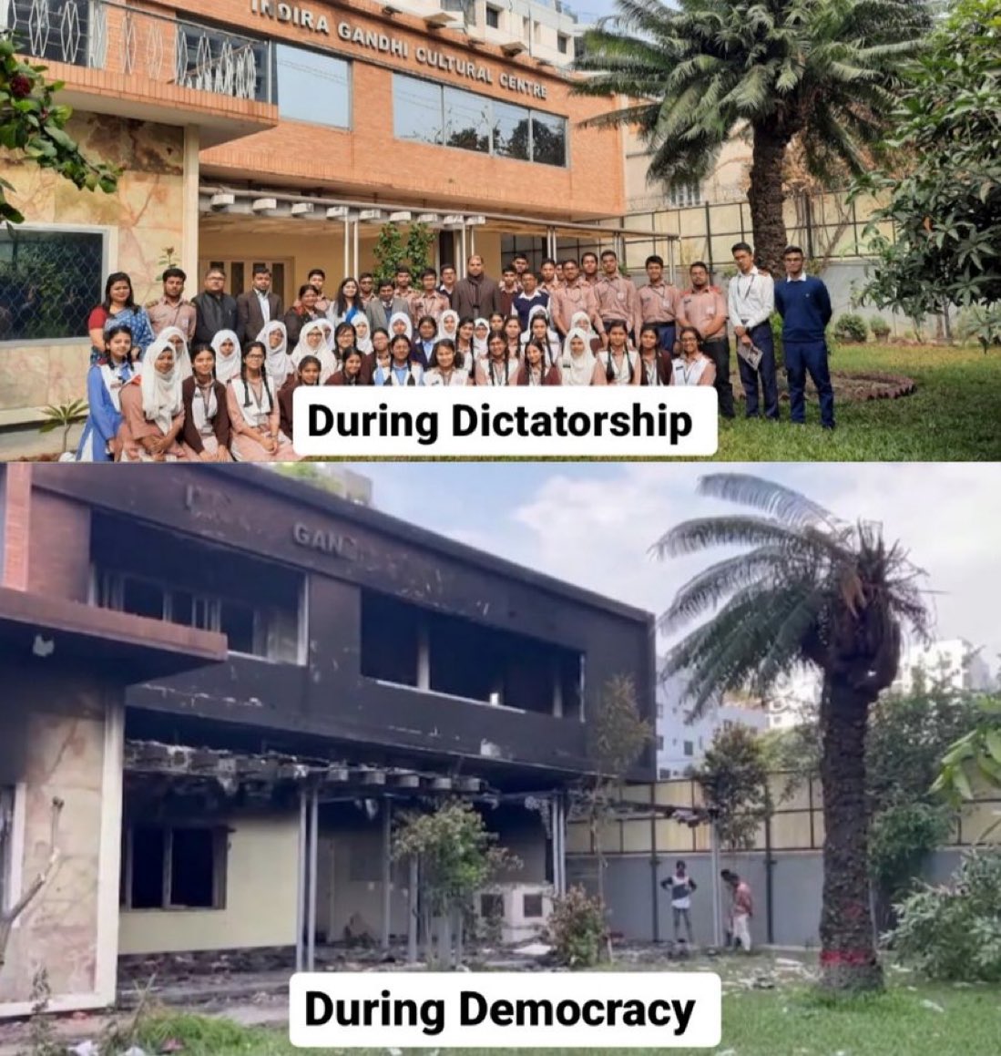 BattaKashmiri's tweet photo. Hello @RahulGandhi 

Look what is left of Indira Gandhi Cultural Centre after restoration of Democracy in Bangladesh. https://t.co/pD8LaSWGgg