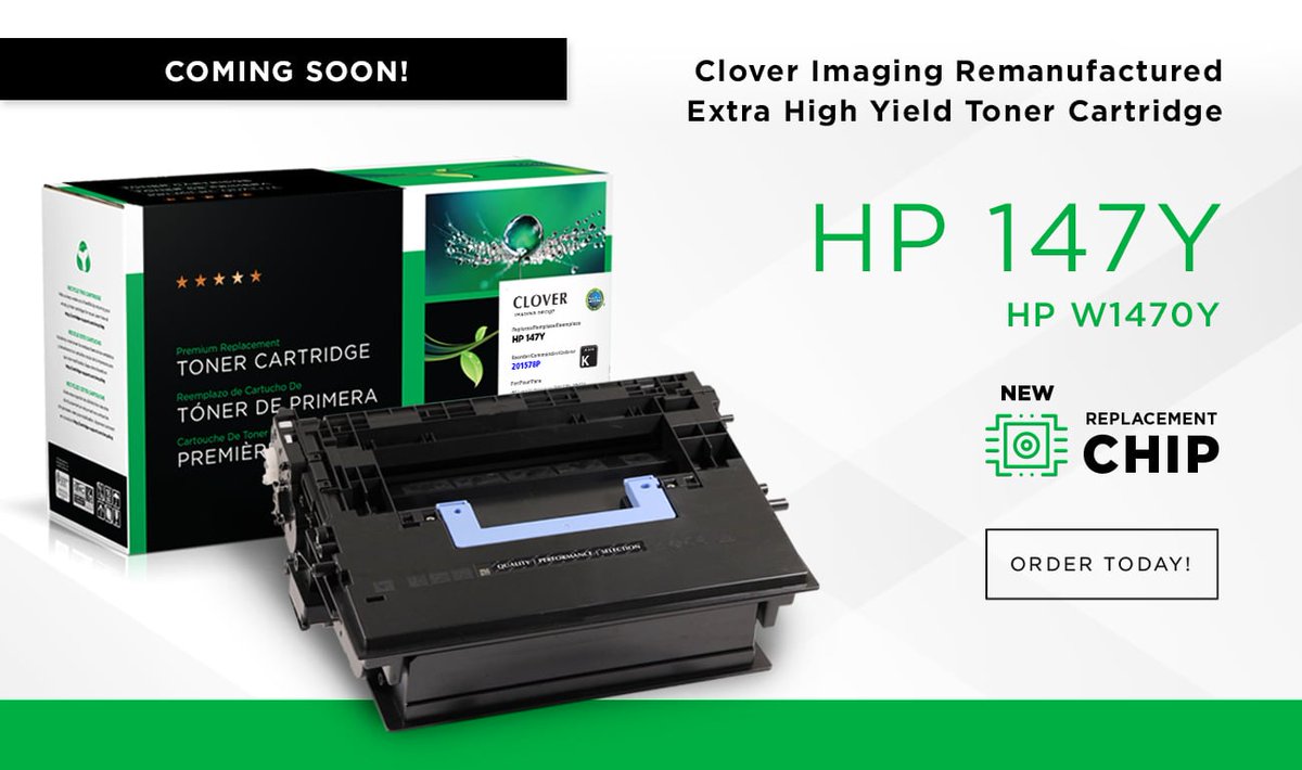 COMING SOON - Clover Imaging's remanufactured HP 147Y cartridges. These cartridges use a new replacement chip with toner low messaging and are designed to meet or exceed OEM brand print quality.

Order Today: bit.ly/4cvxq1X

#toner #remanufactured #HP