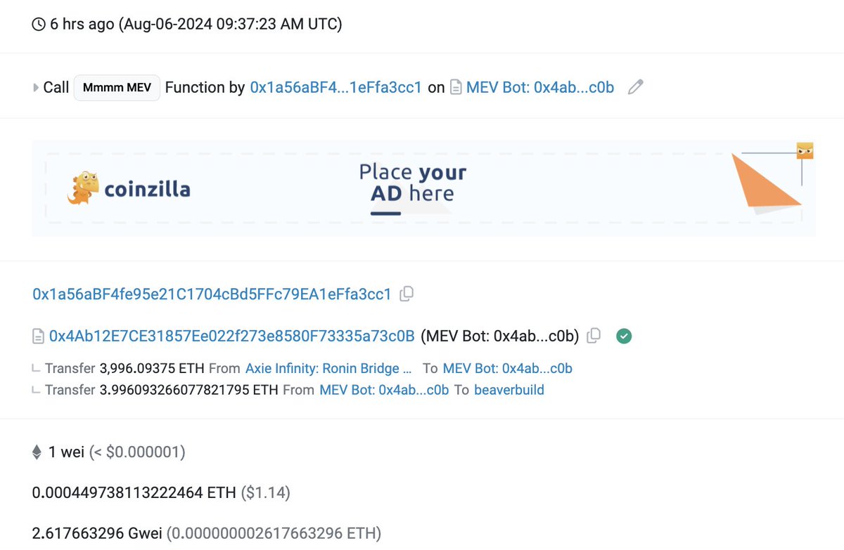 Ronin Bridge was hacked again!

A white hat MEV bot stole 3,996 $ETH($10.08M) and 2M $USDC 6 hours ago.

Ronin Bridge was hacked for $600M in March 2022.

Axie/Ronin co-founder was hacked for $9.7M in February 2024.

Currently, the 3,996 $ETH($10.08M) has been returned.