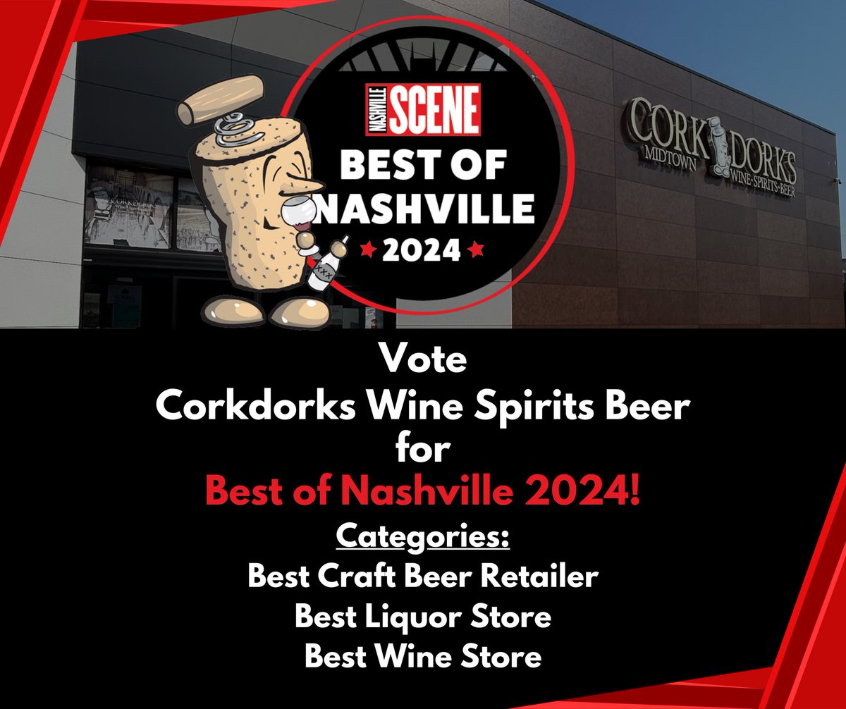 It’s that time again! Vote Corkdorks Wine Spirits Beer for Best of Nashville 2024!✨Voting ends September 4th, 2024
Vote at the link below:
vote.nashvillescene.com

 #BestofNashville2024 #NashvilleScene