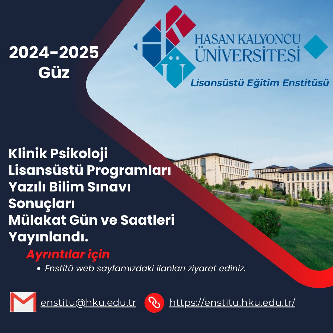 2024-2025 Güz Dönemi Klinik Psikoloji Lisansüstü Programları için yazılı bilim sınavı sonuçları ile mülakat gün ve saatleri yayınlanmıştır.  enstitu.hku.edu.tr/ilanlar/lisans…