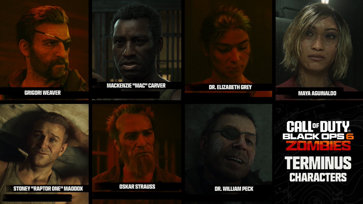 ModernWarzone's tweet photo. The Characters of Black Ops 6 new zombies map Terminus Island 👇 

• GrIgori Weaver 
• Mackenzie “Mac” Carver 
• Dr Elizabeth Grey 
• Maya Aguinaldo 
• Stoney “Raptor One” Maddox 
• Isaiah Strauss 
• Dr William Peck https://t.co/hzsedcCsXJ