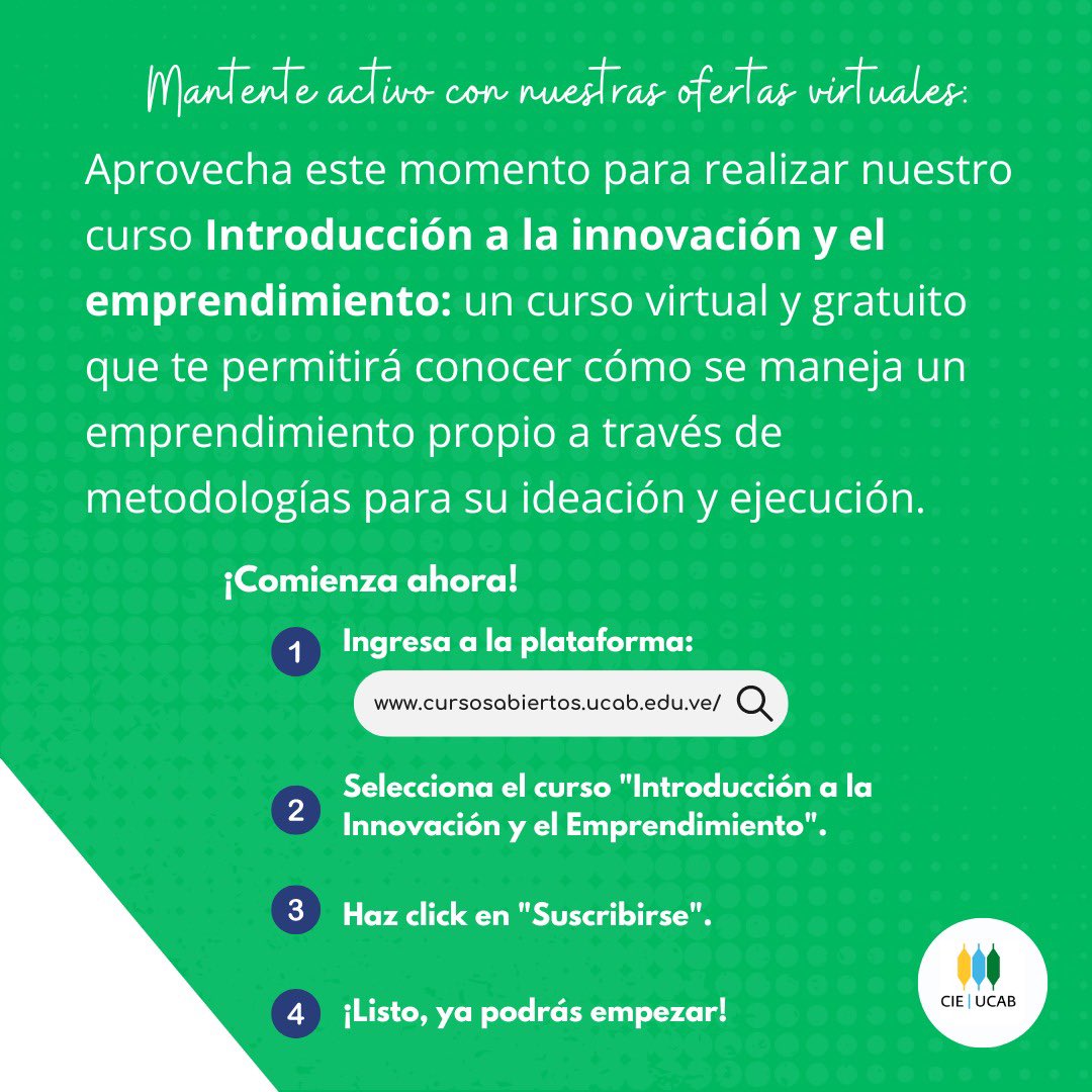 ¡Durante agosto el CIE estará de vacaciones!

Volveremos en septiembre para retomar nuestras formaciones presenciales. Mantente atento a nuestras redes sociales.

Este mes puedes realizar nuestro curso virtual: Introducción a la innovación y el emprendimiento. 

¡Te esperamos!