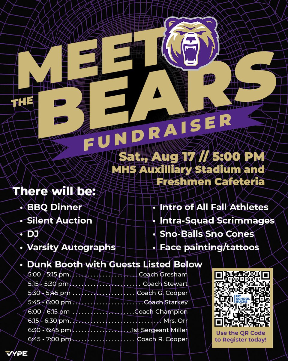 Mark your calendars for our Annual Meet the Bears Event!  Such a great night getting to recognize our fall student-athletes &amp; help our football program fundraise!

As always, you can pay with cash at the event.  You can also pay ahead of time on MSB (QR in graphic)!