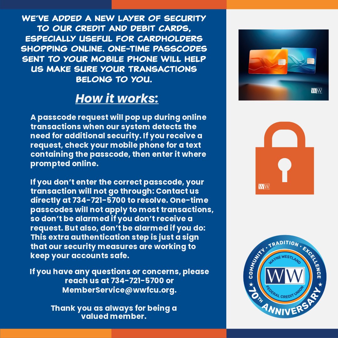 wwfcu's tweet image. New security for your credit and debit cards! Introducing One Time Passcodes!
#Security #MobilePhone #Passcodes #WWFCU