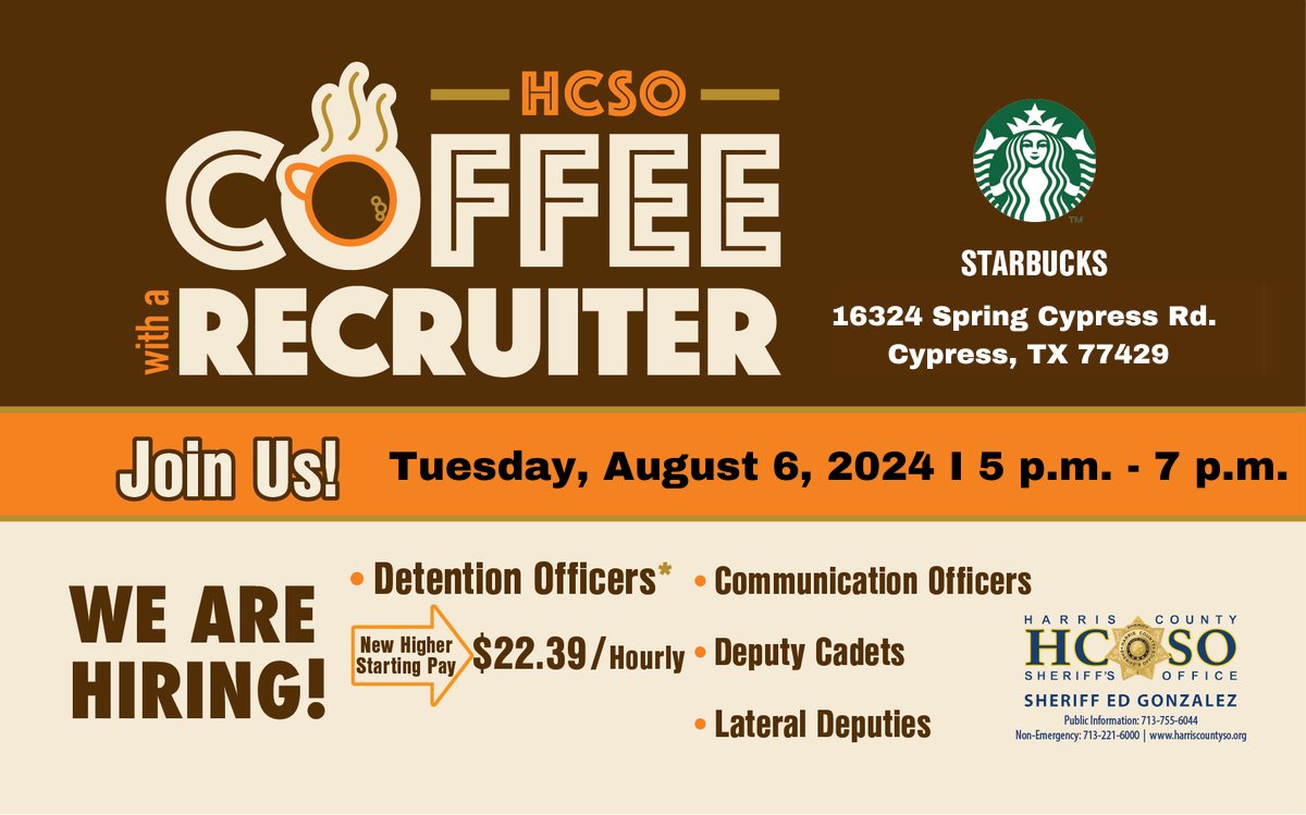HCSOTexas's tweet photo. Happening Now: Join us at a pop-up Coffee with a Recruiter from 5 p.m. until 7 p.m. at the Starbucks at 16324 Spring Cypress Rd., Cypress, TX 77429. #HouNews #JoinHCSO https://t.co/Po2FPI77wc