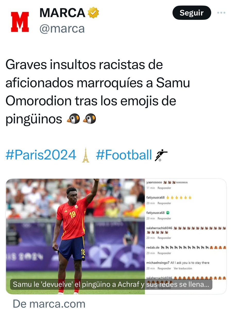 JaviRodrigo11's tweet photo. “Negro”, “mono”, “vete a la selva”,  “uh, uh, uh”, le gritaron ayer al jugador de la Selección Española Samu Omorodion.

No se montará ningún pollo ni se pedirá la expulsión de los aficionados de por vida de los estadios de fútbol; porque eran los marroquíes. 

Porque para que el discurso de ser racista “funcione”  y quemar las calles por los #BlackLivesMatter de turno debes obligatoriamente ser blanco, católico, hombre, machista y conservador… preferentemente, si no, el asunto no es  “mediático” y no vende audiencia.

Qué espectáculo están dando en estos juegos con el racismo, los racistas. 

Todo el apoyo al jugador español!!

Debe expulsarse de España al racismo y a quienes lo practiquen y toleren; y no dejar entrar a nadie que lo pueda justificar!! 
🇪🇸🇪🇸🇪🇸🇪🇸🇪🇸