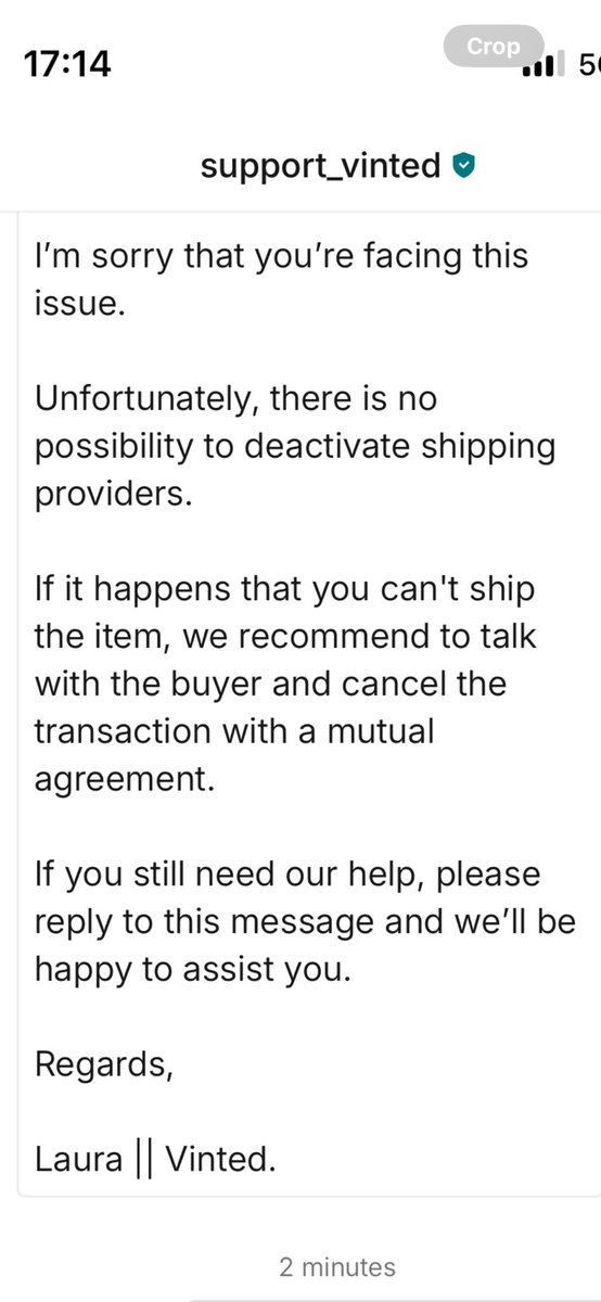 sarah_witney_TW's tweet photo. Anyone with the @vinted postage issue. This was their reply when I questioned it. Looks like it’s a permanent change that is ridiculous. We are supposed to just cancel orders and get negative feedback on our accounts basically #pathetic #vinted https://t.co/B1QkOXaE6X