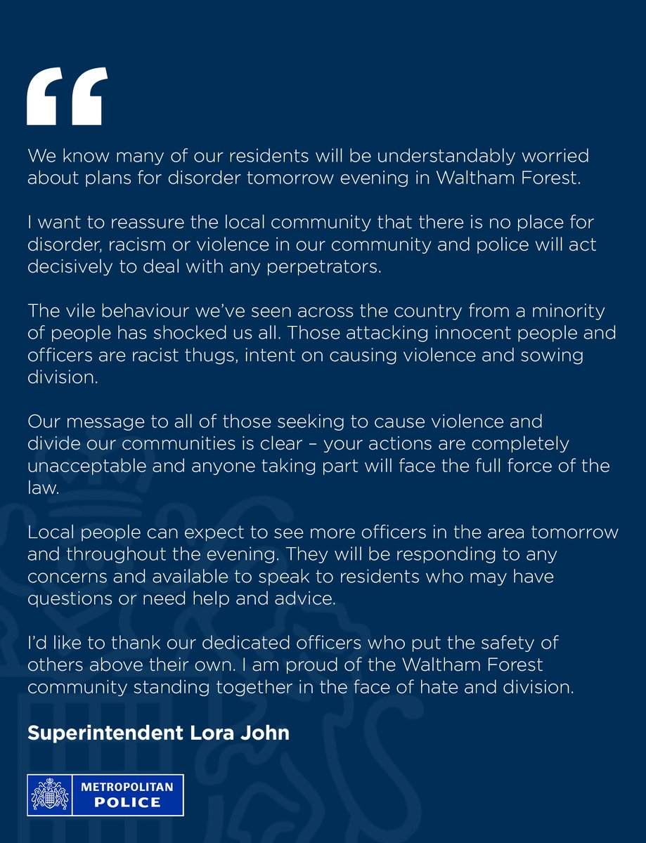 📰 | Update from Neighbourhood Superintendent Lora John

Residents in Waltham Forest can expect to see more officers in the area tomorrow and throughout the evening, responding to any concerns and available to speak to residents who may have questions or need help and advice.
