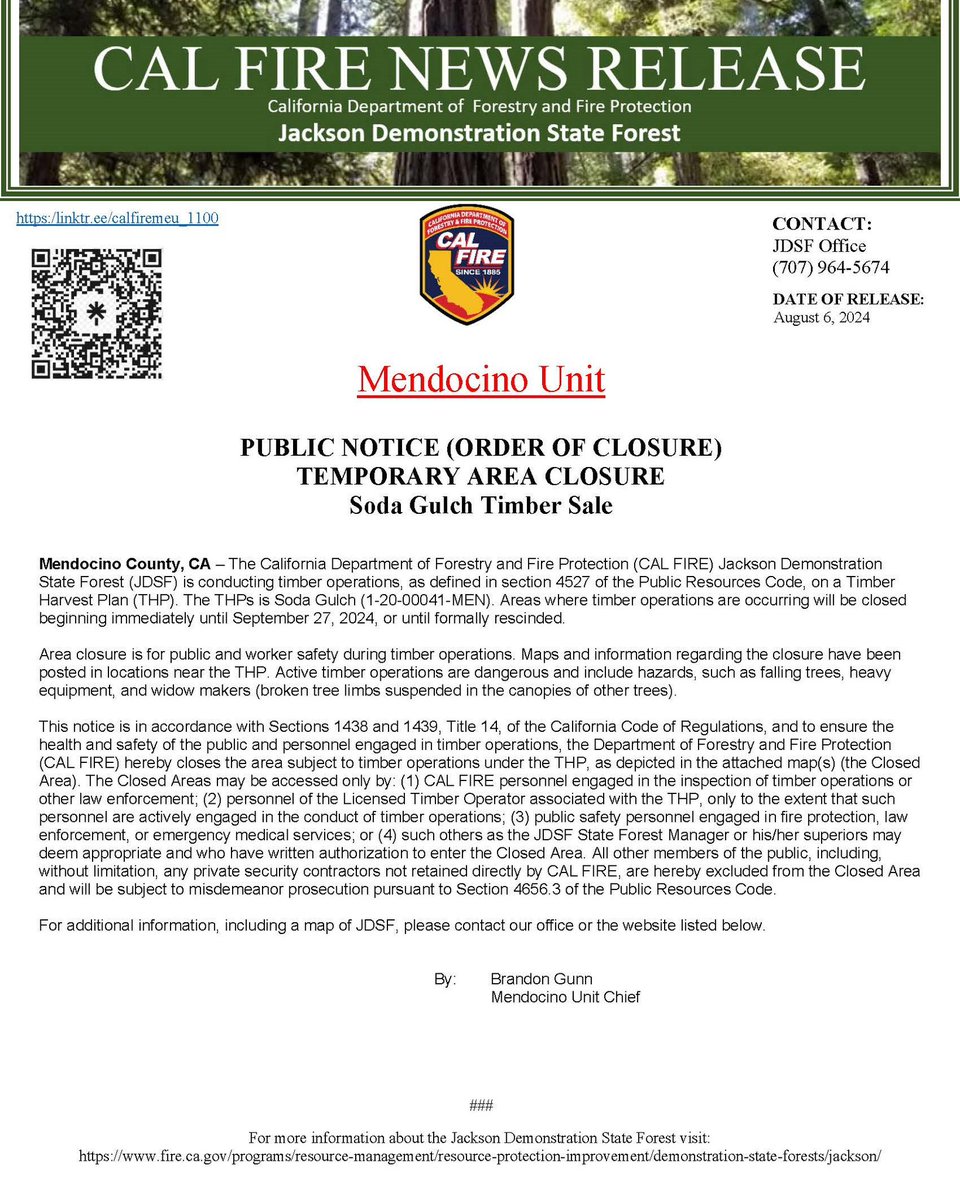 CALFIRE_MEU's tweet photo. #CALFIREMEU2024 #JDSF is conducting timber operations following its Timber Harvest Plan. This will involve temporary closure of the Soda Gulch area which will be closed starting immediately until September 27, 2024. #forestry #forestmanagement #workingforest https://t.co/XaPzdBRJbl