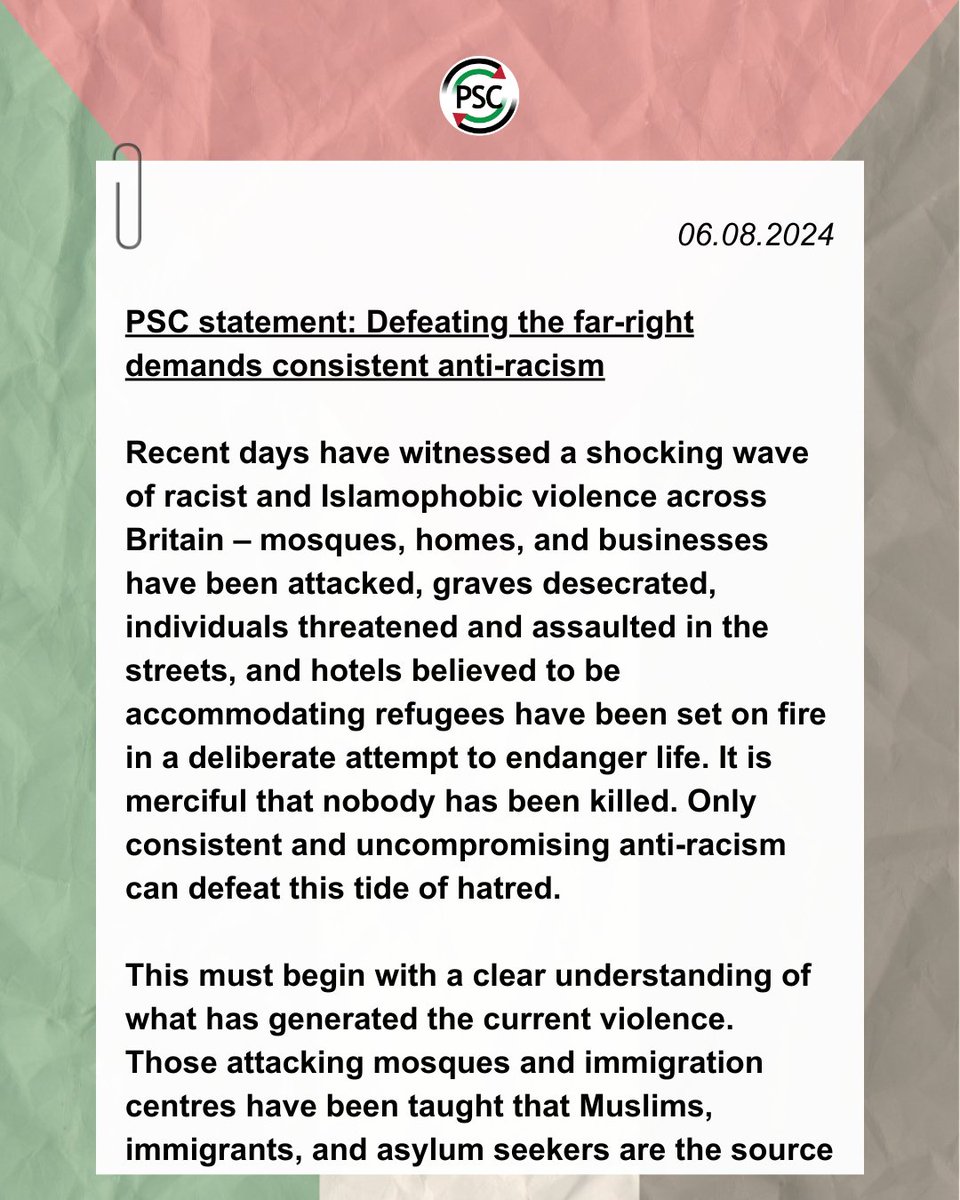 PSCupdates's tweet photo. PSC statement: Defeating the far-right demands consistent anti-racism.

Read the statement here: https://t.co/HIRytxvhd2 https://t.co/uNWq2NBUoW