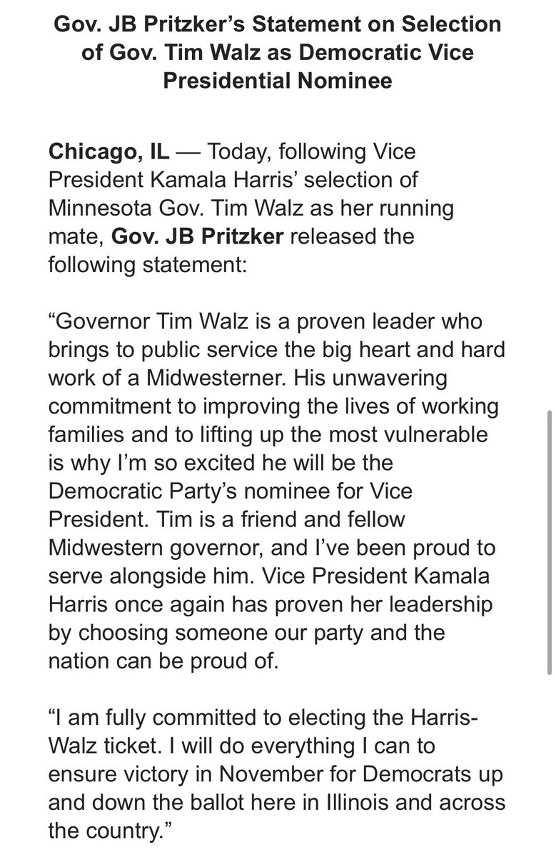 aaronlarnavarro's tweet photo. Neighboring Dem Guvs praising the midwesternness of Walz:

IL Gov Pritzker (who was vetted for VP himself): “Walz is a proven leader who brings to public service the big heart and hard work of a Midwesterner”

WI Gov Evers: Walz has the “Midwestern values and qualities” to be VP https://t.co/r23BMBGviN