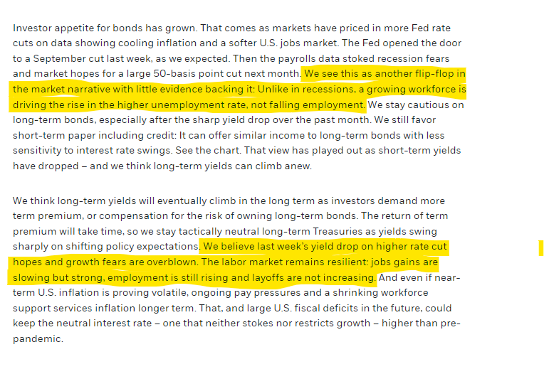 Fade rate cut expectations, buy the growth scare.

Remember: yen carry-trade dynamics are driven by the spread between interest rates on JPY and USD.

Fed rate cuts are just as impactful to the risk/reward of the trade as BoJ rate hikes.

From BlackRock. I agree: