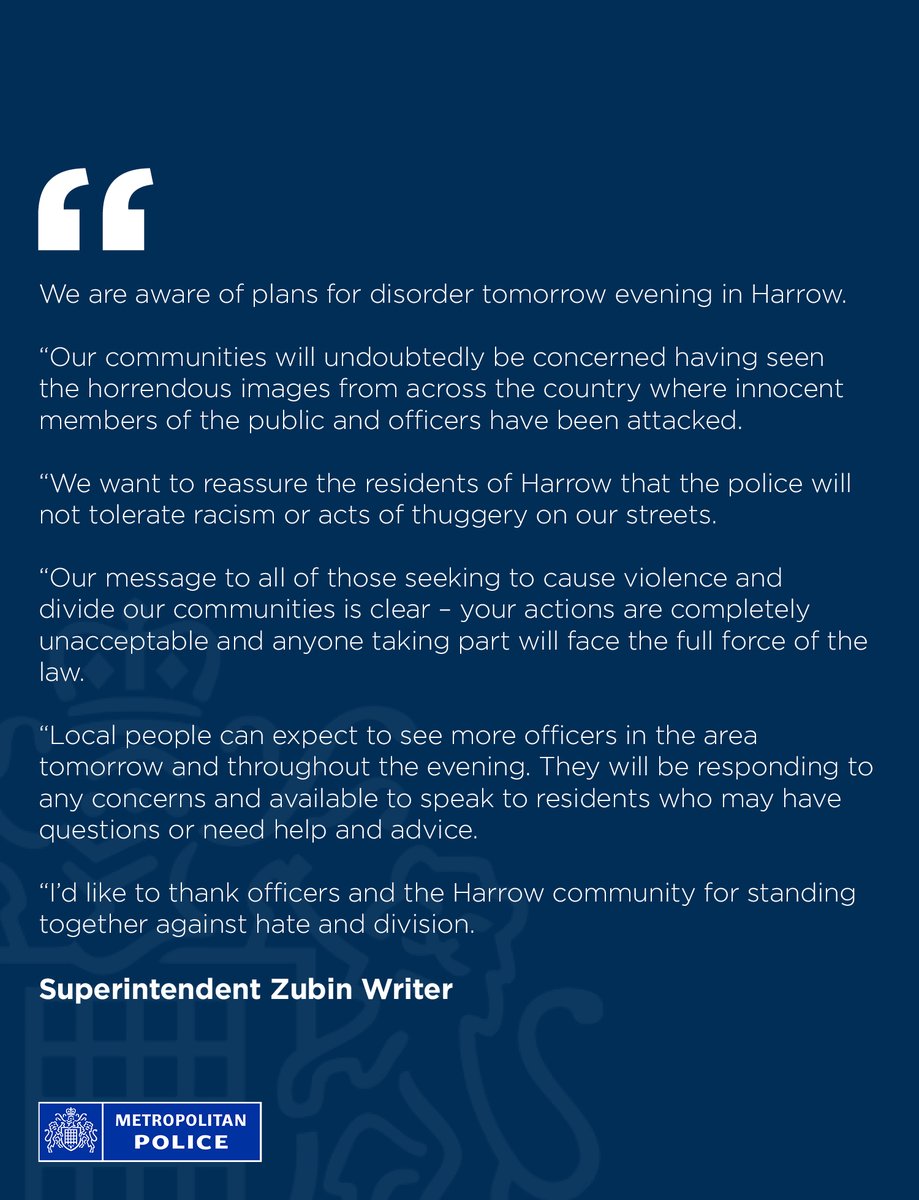 MPSHarrow's tweet photo. 📰 | Update from Neighbourhood Superintendent Zubin Writer

Residents in Harrow can expect to see more officers in the area tomorrow and throughout the evening, responding to any concerns and available to speak to residents who may have questions or need help and advice. https://t.co/eF8LggfVk6