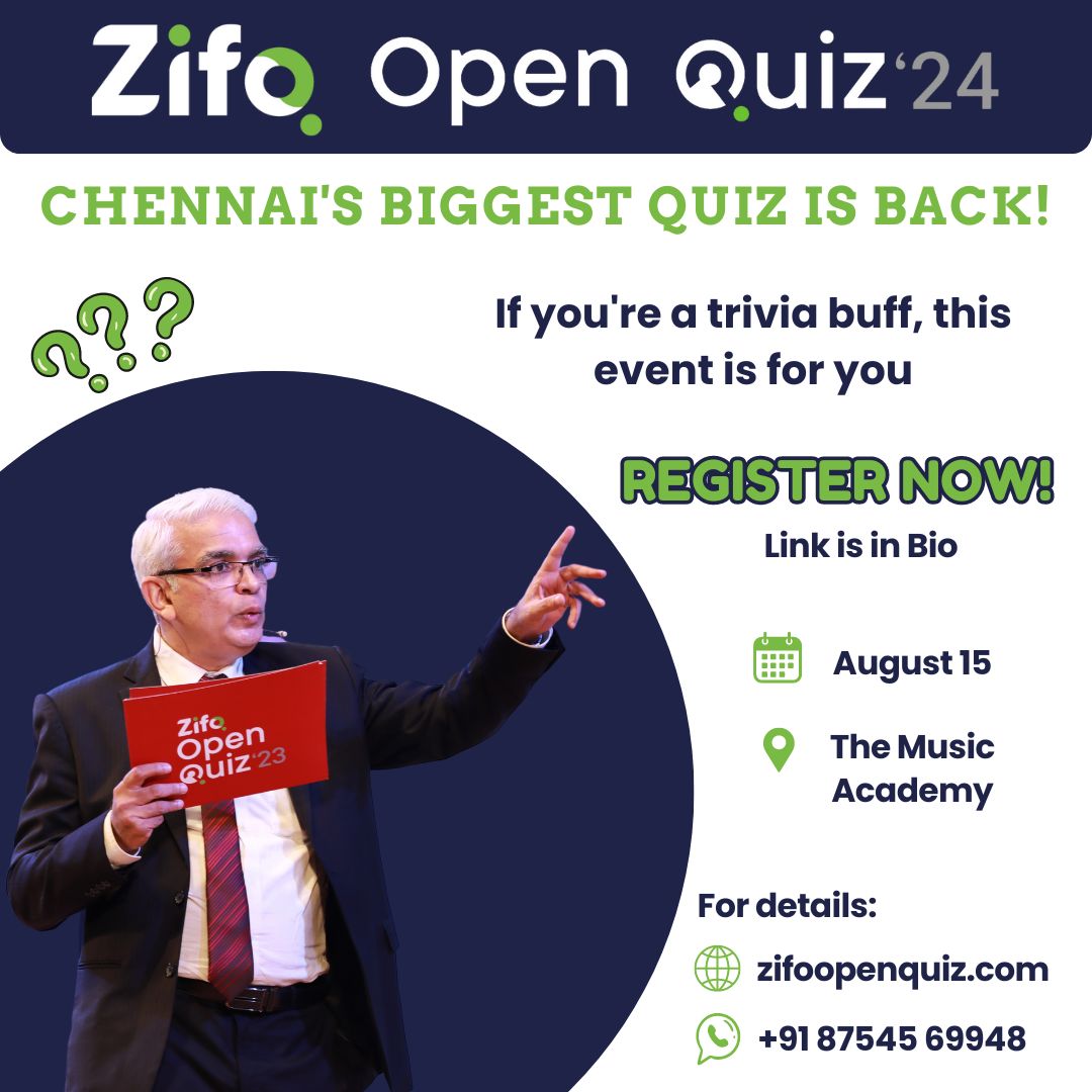 350+ teams have already registered  for the ZIFO OPEN QUIZ at Chennai on August 15th starting at 2 pm.
What are you waiting for? Register now!
𝗤𝗨𝗜𝗭𝗠𝗔𝗦𝗧𝗘𝗥𝗦: Navin Jayakumar with Siddhanth Rao 
𝗥𝗘𝗚𝗜𝗦𝗧𝗥𝗔𝗧𝗜𝗢𝗡 𝗟𝗜𝗡𝗞
zifoopenquiz.com/register-form/