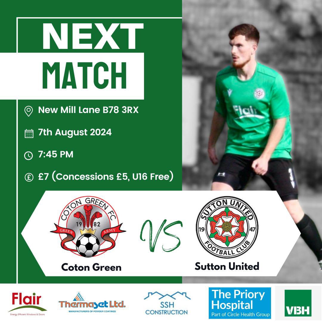 SuttonUtdFC's tweet photo. 💥 Next 1st Team Fixture

Tomorrow evening we make the short journey to league favourites @cotongreenfc 

All support welcome!

🟢⚫️ https://t.co/8UXy1aHISd