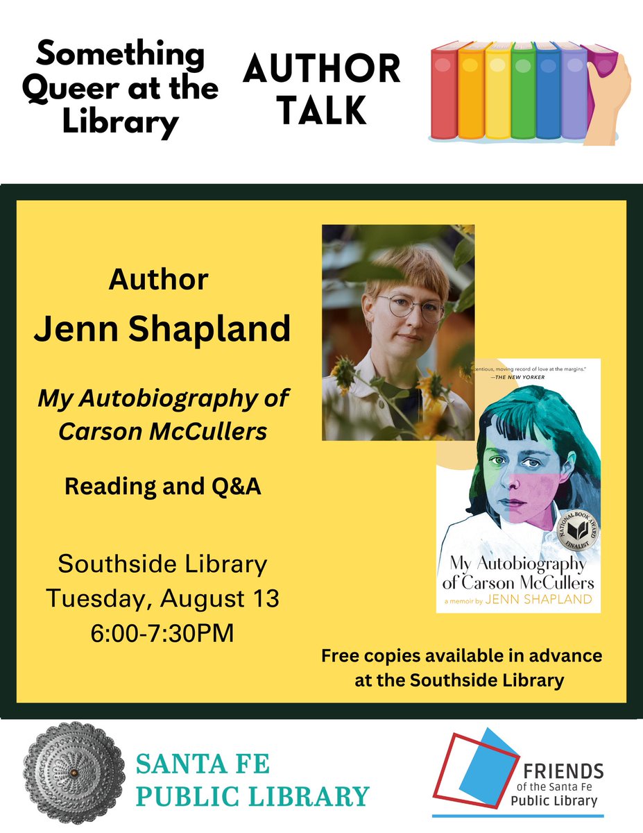 sfpl's tweet photo. #SomethingQueerAtTheLibrary Author Talk
#SouthsideLibrary
Tues Aug 13
6-7:30pm
Something Queer at the Library
Safe harbor to explore #LGBTQ+ literature
Join author Jenn Shapland for a reading and Q&A about her Lambda Award winning book My Autobiography of Carson McCullers. https://t.co/rDC3I4mcol