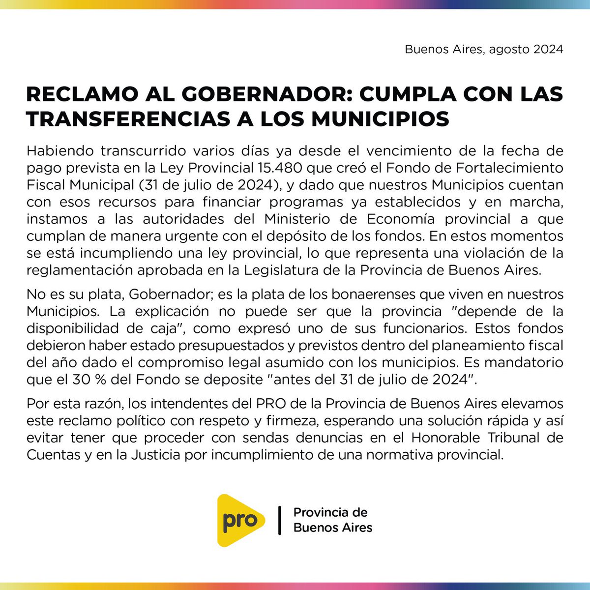 dievalen's tweet photo. La Provincia no puede desconocer una ley de la Legislatura y demorar las transferencias acordadas a los municipios. Reclamamos solución urgente gobernador @Kicillofok https://t.co/WSaqvngVxv