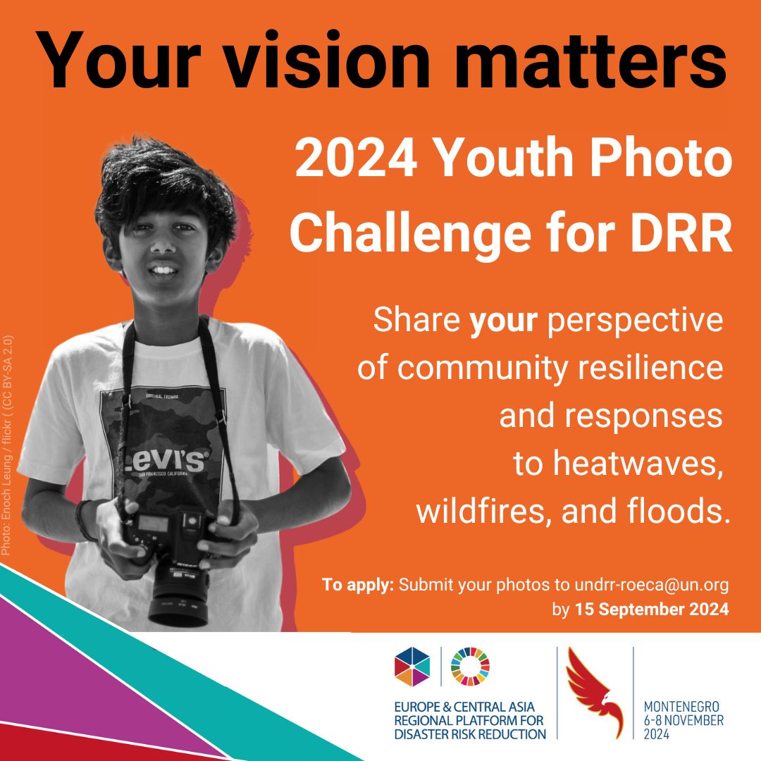 📸 Calling all young &amp; amateur photographers in Europe &amp; Central Asia. 🌍

Join the 2024 Youth Photo Challenge for Disaster Risk Reduction and share your vision of resilient future. 

Open to individuals aged 18-28, deadline 15 Sept ➡️ ow.ly/6Cea50SPPZY