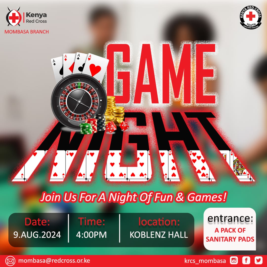 krcs_mombasa's tweet photo. Get ready to Ace the Night with Fun &amp; Games! Join us on 9th August 2024 at 4:00 PM at Koblenz Hall for an #epic #Game Night. Your ticket in? Just bring a pack of sanitary pads! Let's have a blast while making a #difference. See you there!  

#GameNightGoals
#FunForACause https://t.co/q56uIbI4V7