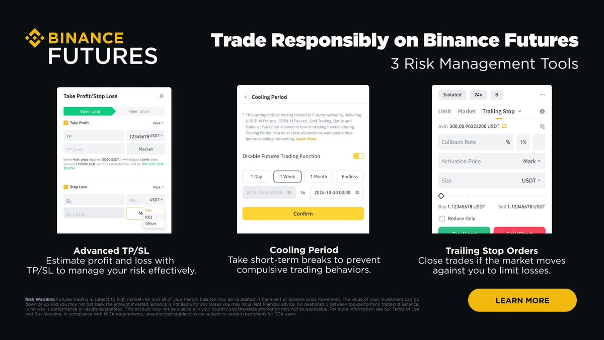 Trade responsibly with #BinanceFutures! Here are a few things to note: 🔸  Use TP/SL orders 🔸 Take breaks with cooling periods 🔸 Use trailing stop  orders to protect your trades Find out