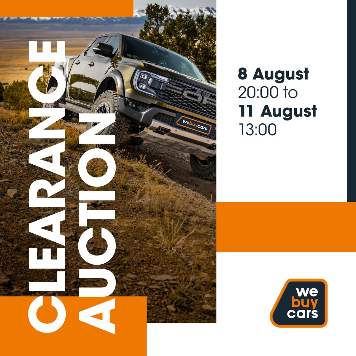 WeBuyCars_SA's tweet photo. Join the #WeBuyCars 𝗖𝗹𝗲𝗮𝗿𝗮𝗻𝗰𝗲 𝗔𝘂𝗰𝘁𝗶𝗼𝗻 or miss out on the deal of a lifetime! 🚗✨ Get yourself registered and ready to join on our website 🤩
#carsforsale #preownedcars #usedcars #carfinance #autosales #carsales #carlifestyle #auction #fordnation #fordclub https://t.co/EvRWujZRkz