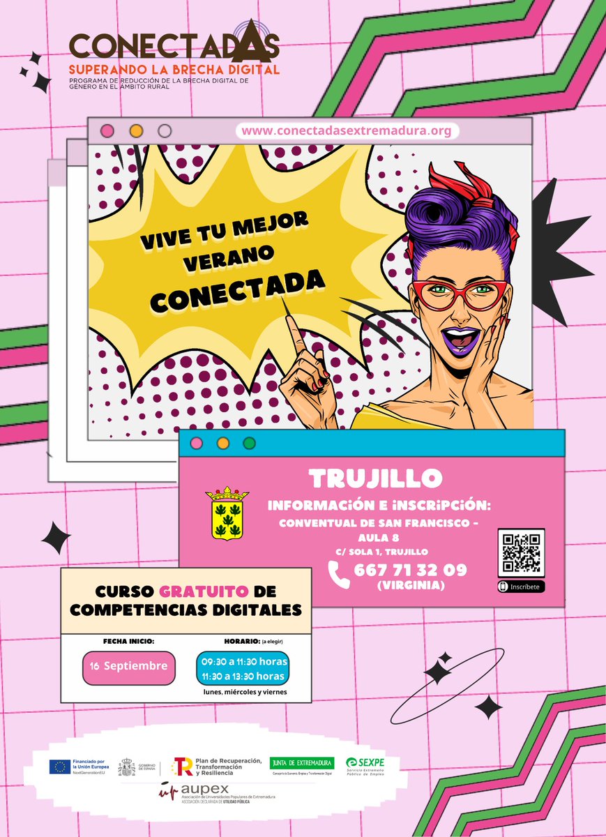 ConectadasExt's tweet image. 🅒🅞🅝🅔🅒🅣🅐🅓🅐🅢 en 𝑻𝒓𝒖𝒋𝒊𝒍𝒍𝒐👩🏻👩🏼‍🦱👩🏼‍🦰👱🏽‍♀️👩🏾‍🦳

✅Apto para todo tipo de niveles.
✅Dirigido a mujeres en edad activa.
✅ Certificado por el SEXPE.
✅Gratuito.
✅ 40 horas presenciales.
✅ Niveles básico o intermedio.