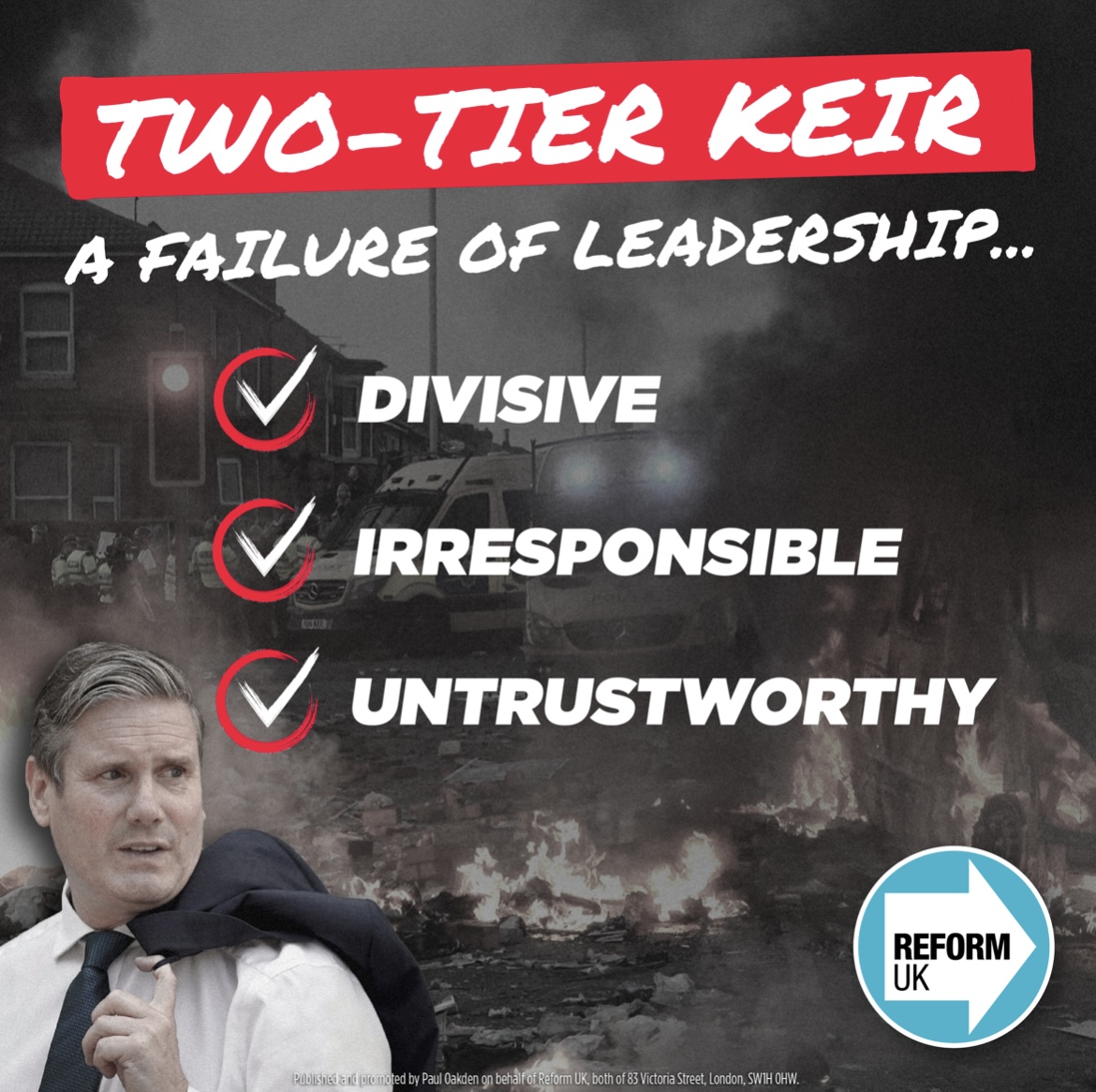 Two-tier Keir has failed his first test of leadership. Labour is divisive and irresponsible. 

Britain needs Reform 🇬🇧