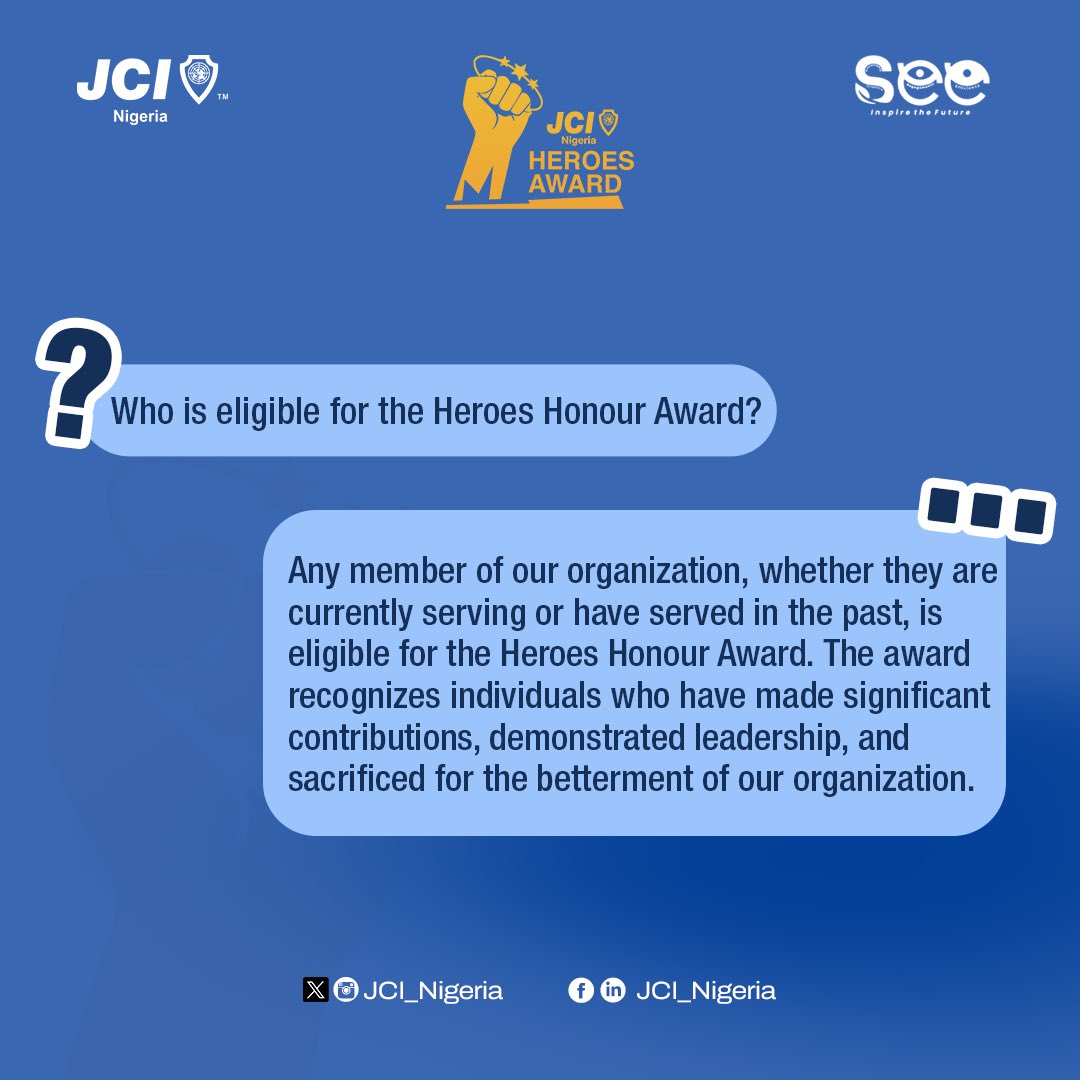 jci_nigeria's tweet photo. FAQ: What is the Heroes Honor Award?

Learn more about how we celebrate our outstanding members. https://t.co/YOjLO94UP5