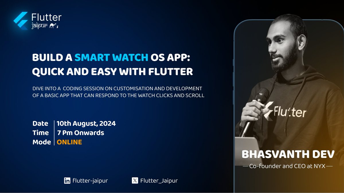 Join us for an exciting workshop on developing Smart Watch OS Apps with Flutter! ⌚✨ Learn from the best and dive into the world of wearable tech. 

Register now!!!
Link🔗:meetup.com/flutterjaipur/…… 
🗓️Date: 10th August, 2024
⏰Time: 7PM onwards
#FlutterJaipur #flutter