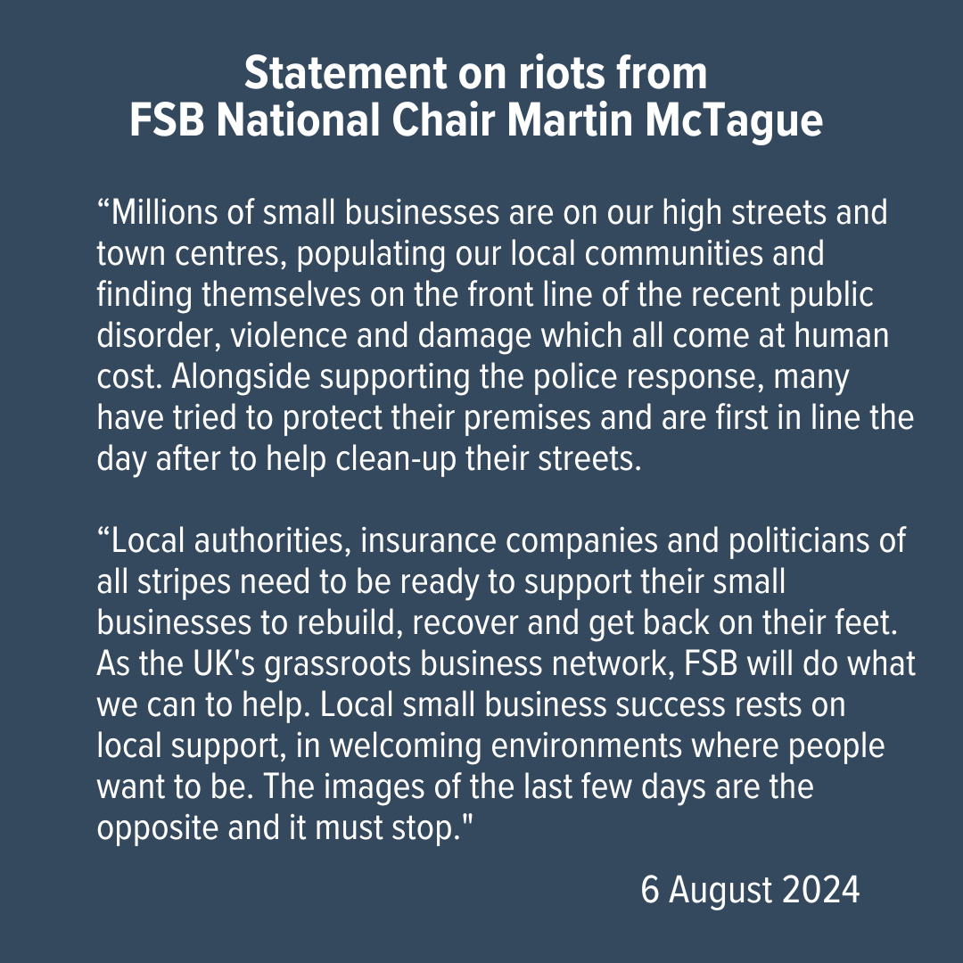fsb_policy's tweet photo. A statement on the riots from FSB National Chair Martin McTague: https://t.co/EMZAc6txqh