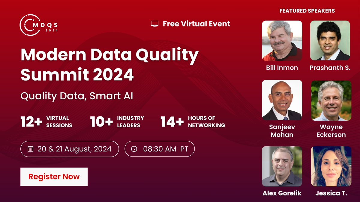 You don't want to miss these amazing speakers at #MDQS2024 📣🤩 

It’s not too late to register! Watch them all live virtually: moderndataqualitysummit.com