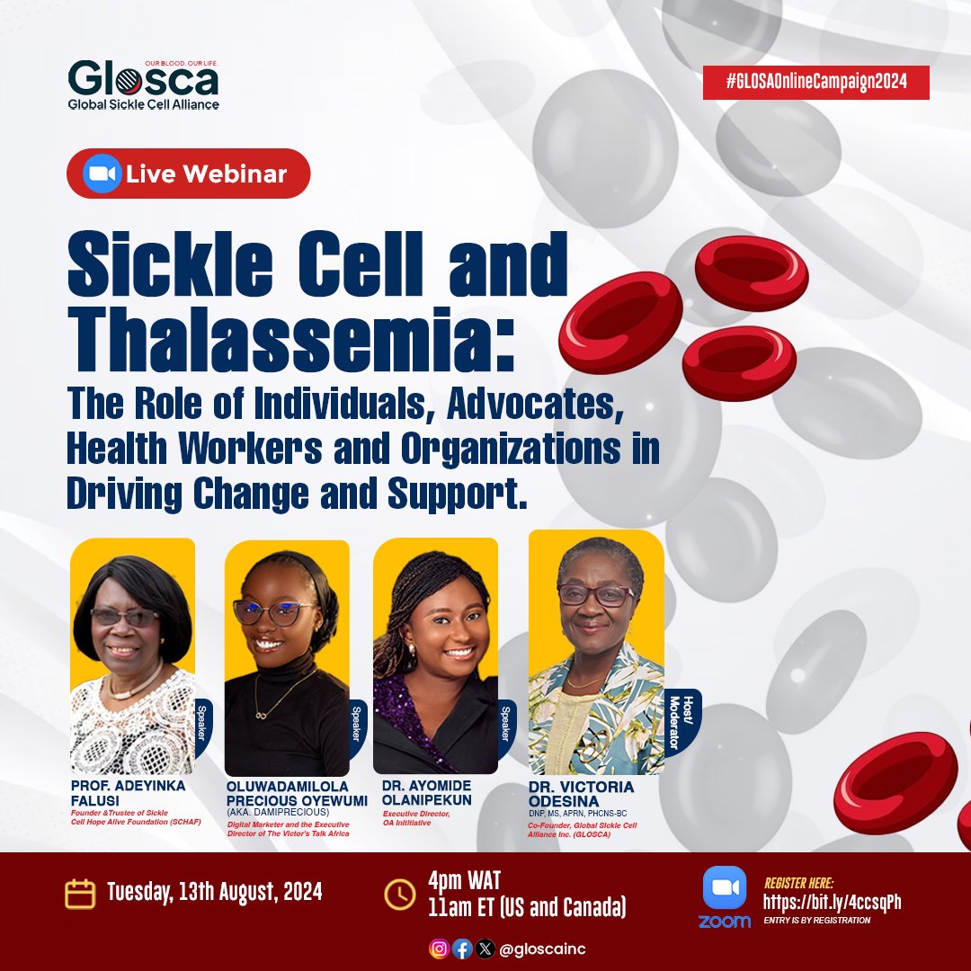 gloscainc's tweet photo. Join us for an empowering webinar on Tuesday, August 13, 2024
Time: 4 PM WAT | 11 AM ET (US and Canada)
Register here; https://t.co/lxH7YDjIdf
Donโt miss out!
#gloscacampaign2024 #globalsicklecellalliance #globalsicklecellawareness #thalassemia #sicklecellwarriors #GLOSCA https://t.co/JSLSDz007i