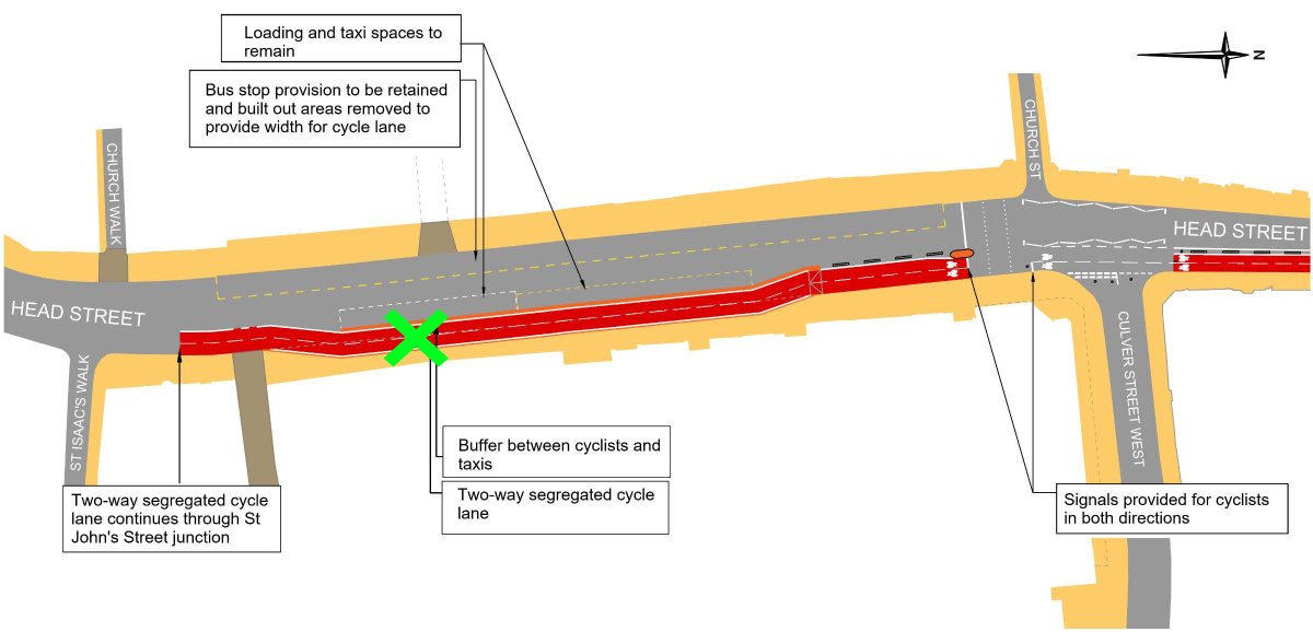 mikemanger's tweet photo. @_CanIJustSay_ @CampaignCycling @essexhighways This drawing has the cycle track with the loading bays to the left of the barrier (which has gaps in it). I've marked roughly where the lorry is.
What I'm not seeing is how they safely get out. https://t.co/0vtpKmT4e1