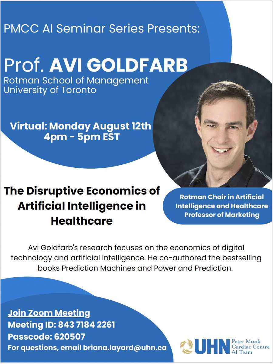 Peter Munk Cardiac Centre AI (@pmcc_ai) on Twitter photo Join us for our next PMCC AI seminars where Professor Avi Goldfarb <a href="/avicgoldfarb/">Avi Goldfarb</a> will give a talk on the Disruptive Economics of AI in Healthcare. Tune in next week using the details below! <a href="/PMunkCardiacCtr/">Peter Munk Cardiac Centre</a>  <a href="/drbarryrubin/">Barry Rubin MD, PhD, FRCSC</a> <a href="/BoWang87/">Bo Wang</a> @SenthujanSenka Join us for our next PMCC AI seminars where Professor Avi Goldfarb <a href="/avicgoldfarb/">Avi Goldfarb</a> will give a talk on the Disruptive Economics of AI in Healthcare. Tune in next week using the details below! <a href="/PMunkCardiacCtr/">Peter Munk Cardiac Centre</a>  <a href="/drbarryrubin/">Barry Rubin MD, PhD, FRCSC</a> <a href="/BoWang87/">Bo Wang</a> @SenthujanSenka