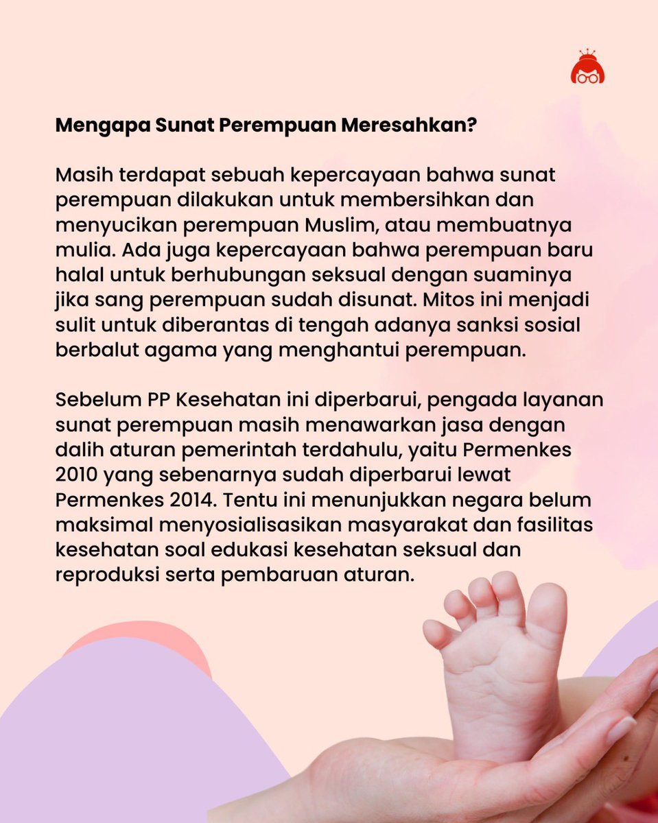 konde_co's tweet photo. Ada kabar baik untuk perempuan! Pemerintah melarang praktik sunat perempuan atau pemotongan dan pelukaan genitalia (P2GP) pada bayi, balita, dan anak prasekolah melalui PP Kesehatan No. 28/2024. 

Langkah ini penting di tengah budaya yang meresahkan, dengan mitos yang sulit diberantas. Pemerintah juga berkomitmen pada edukasi kesehatan reproduksi berbasis usia sejak dini.

#SunatPerempuan #PPKesehatan