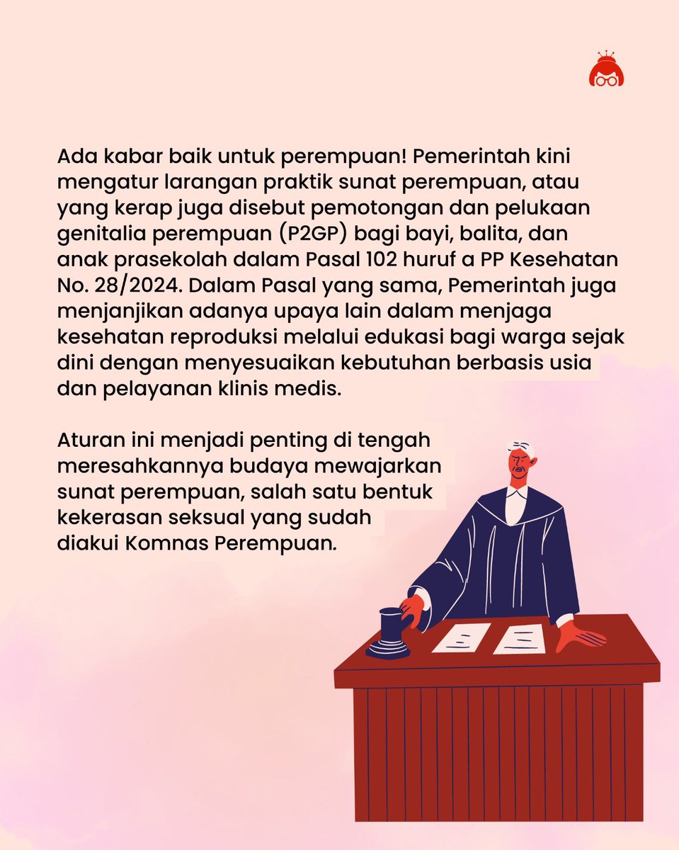 konde_co's tweet photo. Ada kabar baik untuk perempuan! Pemerintah melarang praktik sunat perempuan atau pemotongan dan pelukaan genitalia (P2GP) pada bayi, balita, dan anak prasekolah melalui PP Kesehatan No. 28/2024. 

Langkah ini penting di tengah budaya yang meresahkan, dengan mitos yang sulit diberantas. Pemerintah juga berkomitmen pada edukasi kesehatan reproduksi berbasis usia sejak dini.

#SunatPerempuan #PPKesehatan