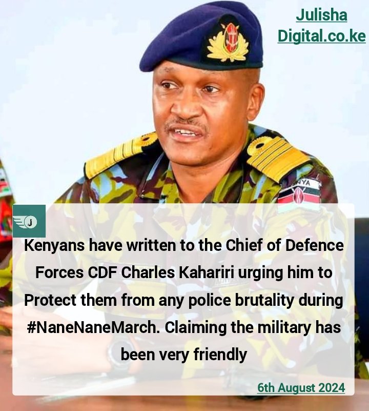 NEWS UPDATE 

Kenyans have written to the Chief of Defence Forces CDF Charles Kahariri urging him to Protect them from any police brutality during #NaneNaneMarch. Alleging the military (The KDF) has been very friendly