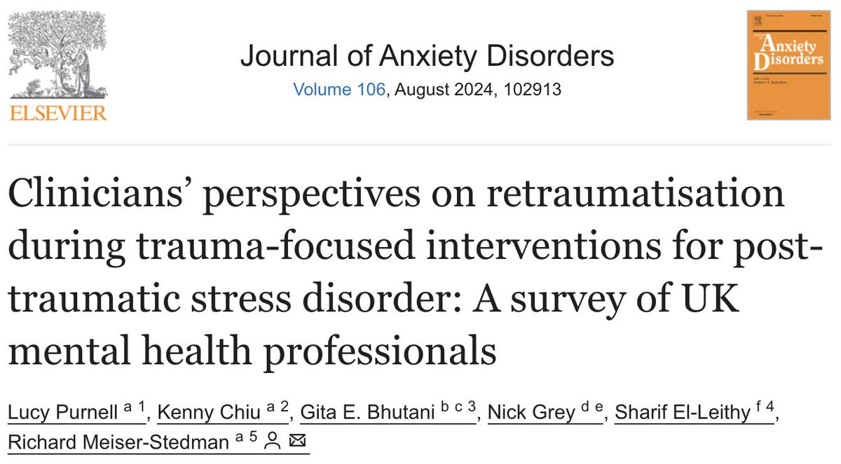Our paper on retraumatisation during trauma-focused interventions for PTSD is out - a short thread below ⬇️ <a href="/RMeiserStedman/">R Meiser-Stedman</a> @Kenny__Chiu <a href="/GitaBhutani/">Gita Bhutani</a> <a href="/nickdgrey/">Nick Grey</a> <a href="/sharifelleithy/">Sharif El-Leithy</a>   doi.org/10.1016/j.janx…