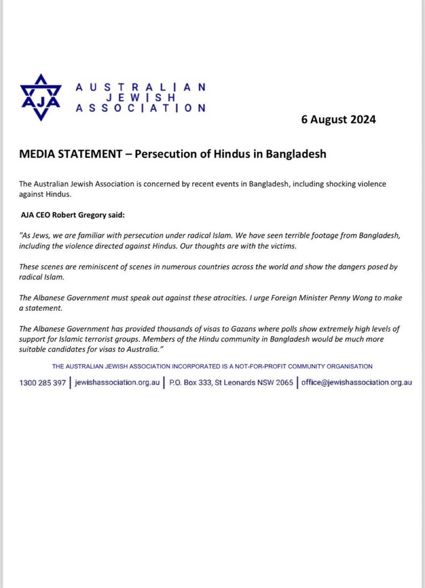 visegrad24's tweet photo. The Australian Jewish Association @AustralianJA releases a statement condemning Islamist violence against Hindus in Bangladesh:

“As Jews, we are familiar with persecution under radical Islam. We’ve seen terrible footage from Bangladesh (…) Our thoughts are with the victims” https://t.co/YJyK4211oN