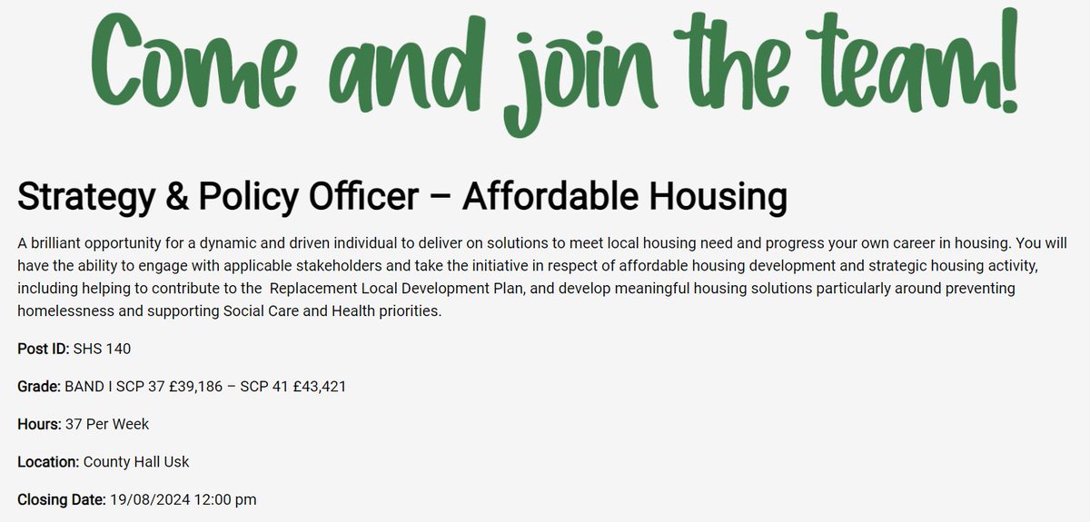 Can you help us meet housing need in <a href="/MonmouthshireCC/">Monmouthshire / Sir Fynwy</a>? If you can help us deliver new solutions and more affordable housing, we'd be delighted to hear from you.  A great development opportunity for anyone wanting to further their housing career.