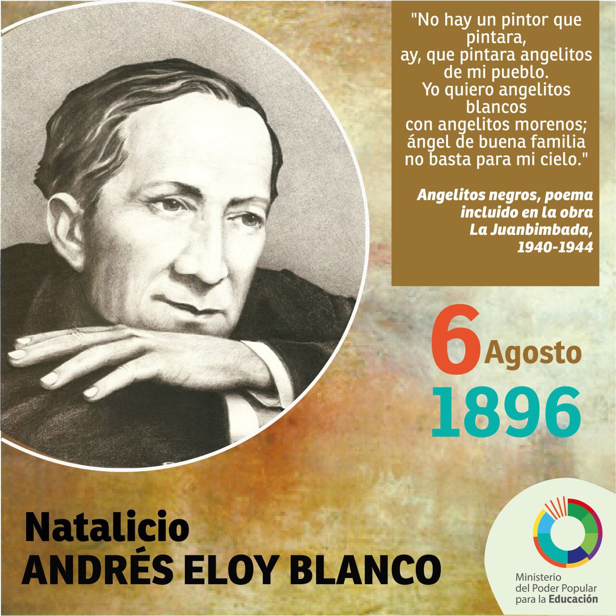 Andrés Eloy Blanco fue un destacado poeta, abogado y político venezolano, conocido como el "Poeta del Pueblo". Nació en Cumaná el 6 de agosto de 1896 y falleció en la Ciudad de México en 1955.